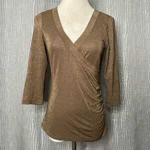 Cache’ gold metallic ruched surplice top